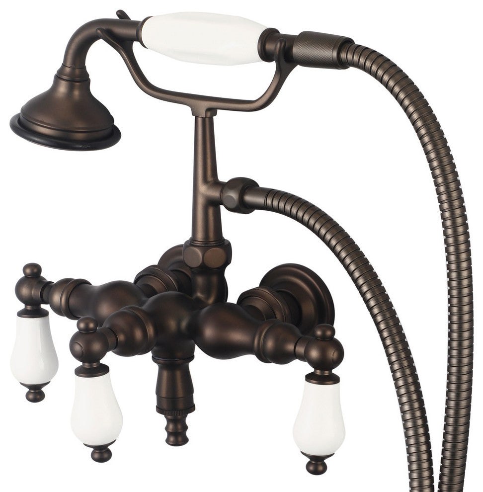Vintage 3-3/8" Center Wallmount Tub Faucet & Handshower, Porcelain lever handles