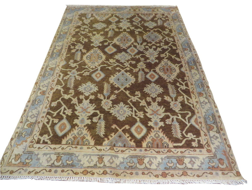 6"x9" Hand-Knotted Brown Fine Turkish Oushak Oriental Rug Vegetable Dyes