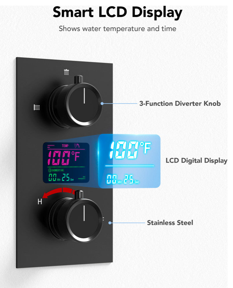 Digital Shower System 12" Rainfall Shower Head With 6 Body Jets, Matte Black