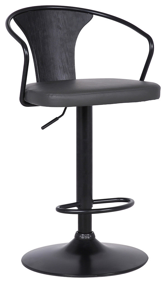 Eagle Adjustable Barstool, Black Powder Coated Finish With Black Faux Leather, Gray