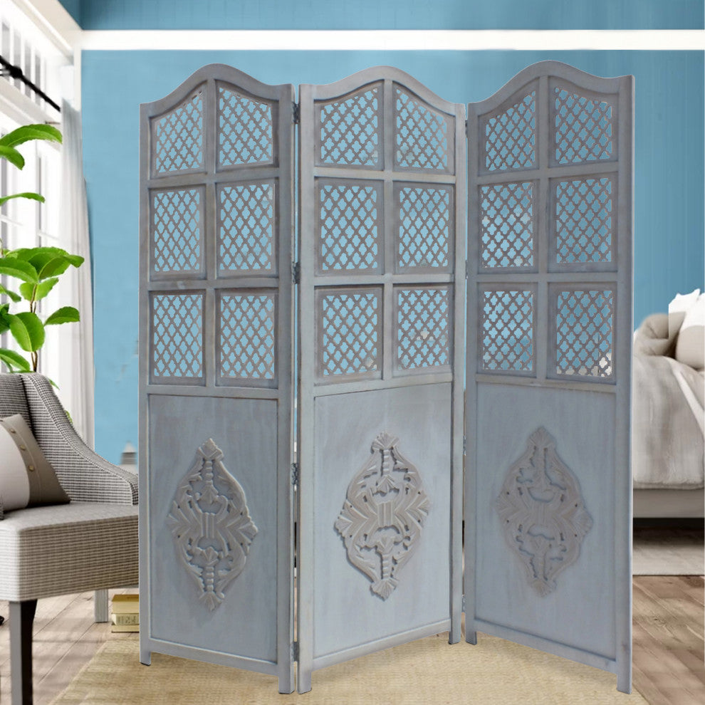 Wooden 3 Panel Foldable Room Divider, Blue
