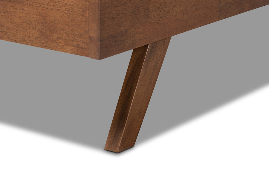 Brita Mid-Century Modern Light Beige Walnuted Wood Queen Size Bed