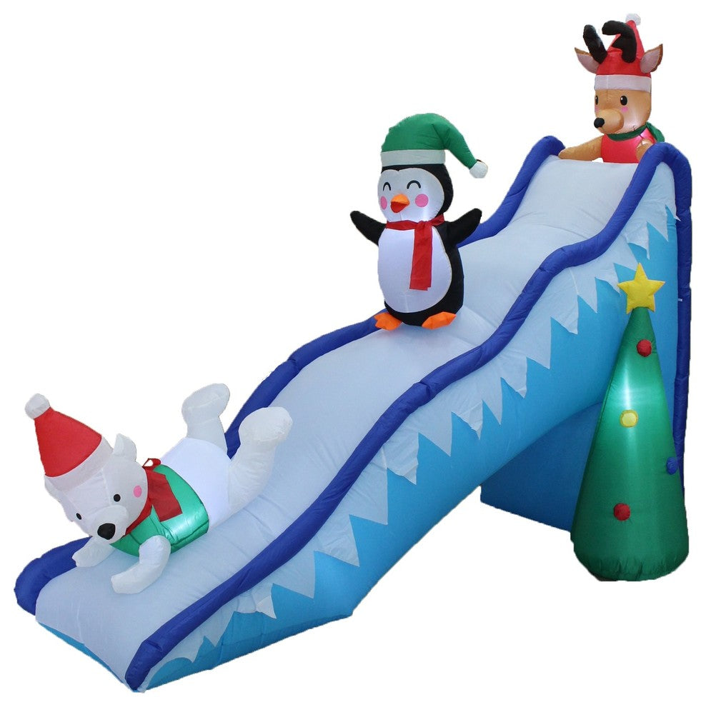 Inflatable Trio Polar Bear, Penguin and Reindeer Playing On Slide, 9'
