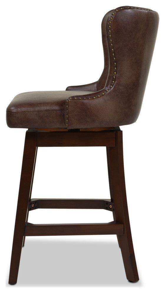 Holmes 27" Tufted High-Back 360 Swivel Counter-Height Barstool, Mid Brown Faux Leather