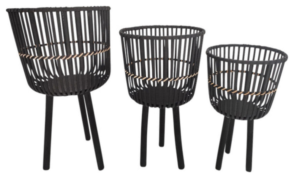 3-Piece Set Bamboo Footed Planters, Black
