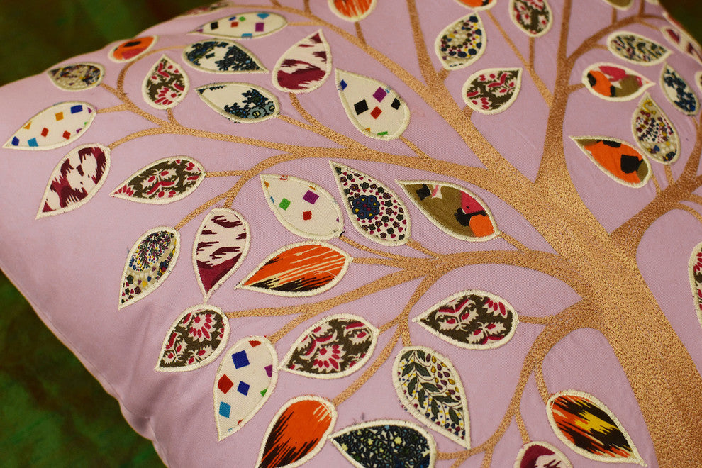 Lavender Tree of Life Decorative Pillow Cover Cotton Applique Work 18x18"