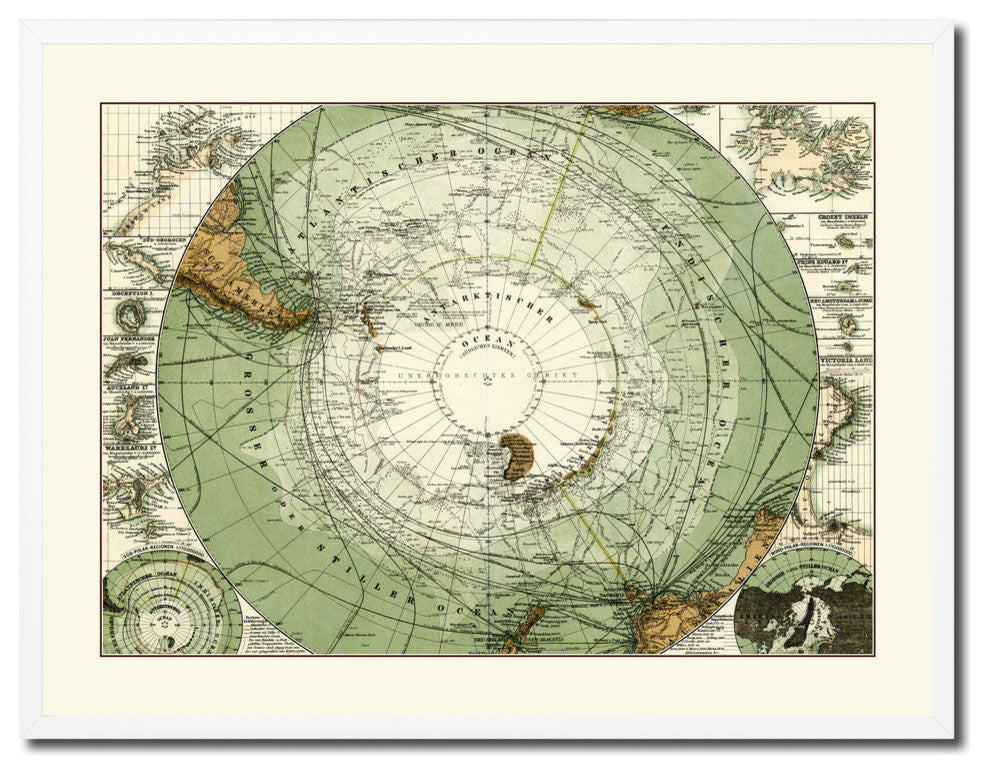 Antarctica South Pole Old Map Print On Canvas With Picture Frame 28" X 37"