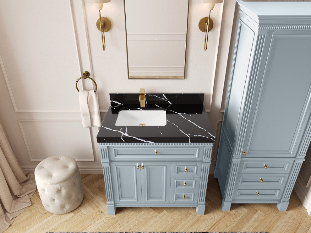 Paris 36" Left Offset Bathroom Vanity, Blue Heather 2" Calacatta Black