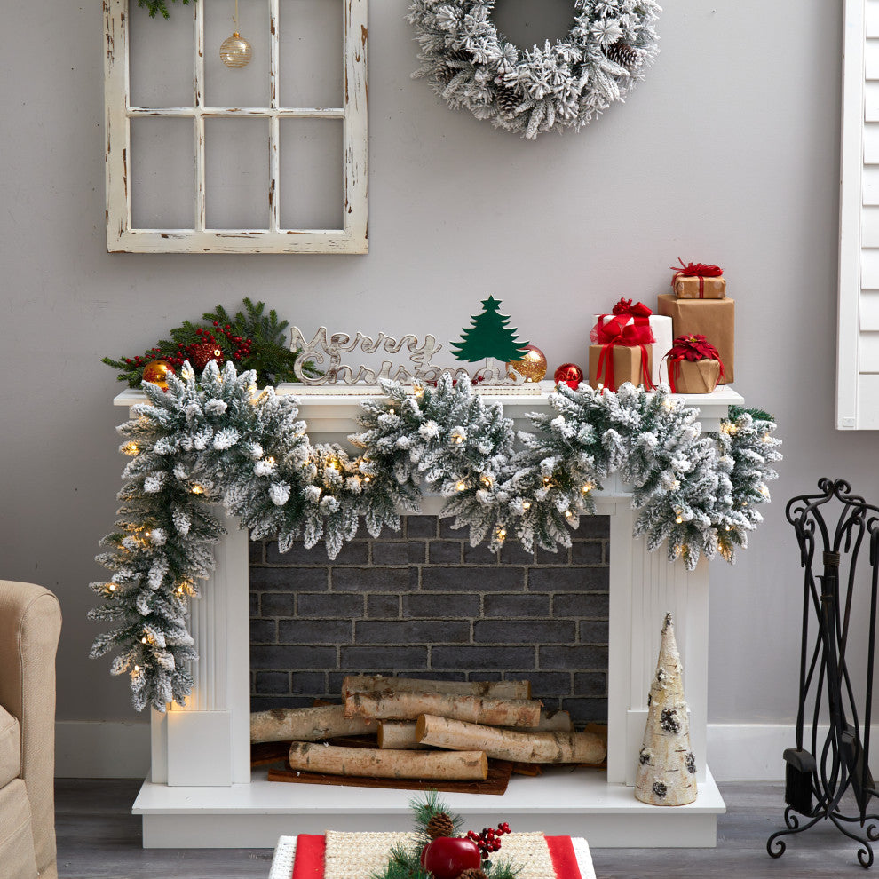 9' Flocked Artificial Christmas Garland With 50 Warm White LED Lights