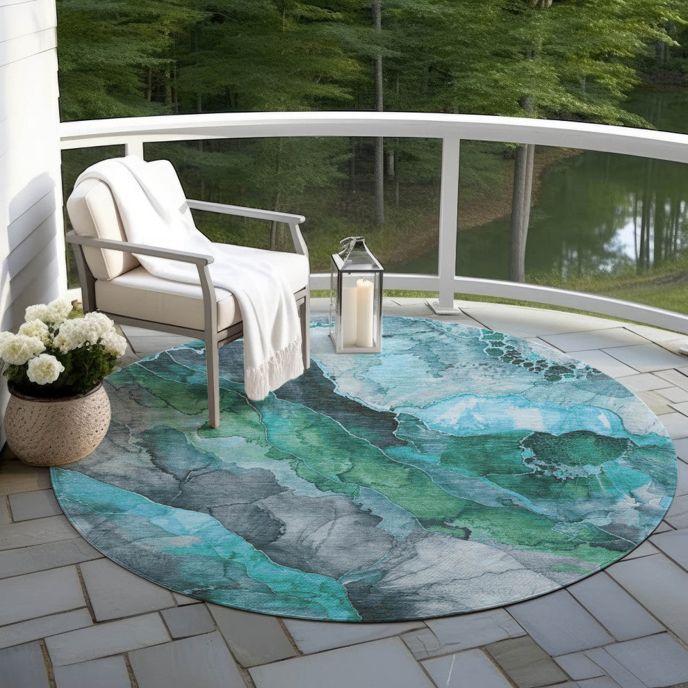 Machine Washable Indoor/Outdoor Chantille ACN1864 Teal 8' x 8' Round Rug