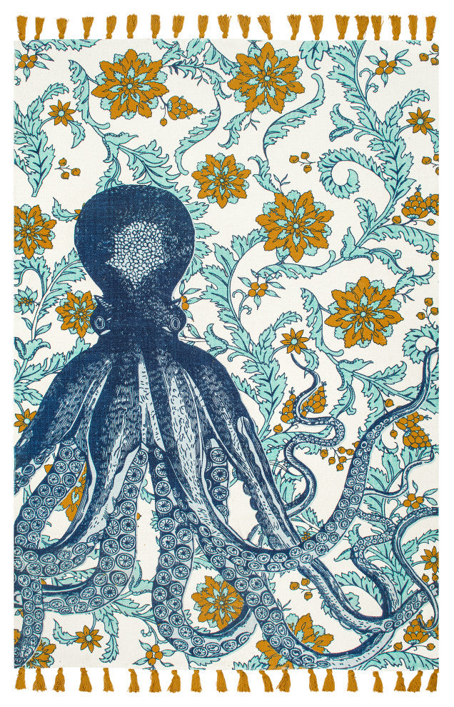 Nuloom Flatweave Cotton Giant Octopus Area Rug, Blue Multicolor 4'x6'