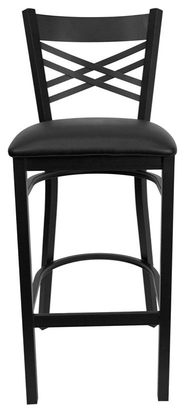Black "X" Back Metal Restaurant Barstool, Black Vinyl Seat