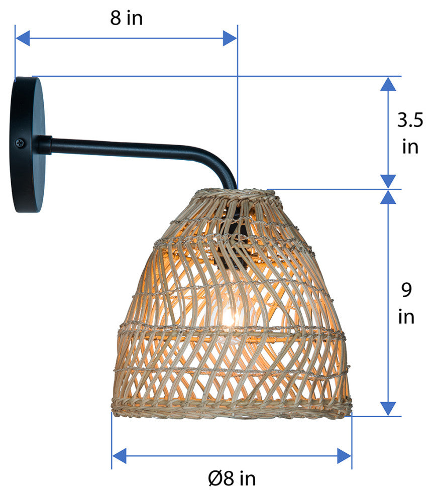 Luhu Open Weave Cane Rib Bell Sconce Wall Lamp, Natural