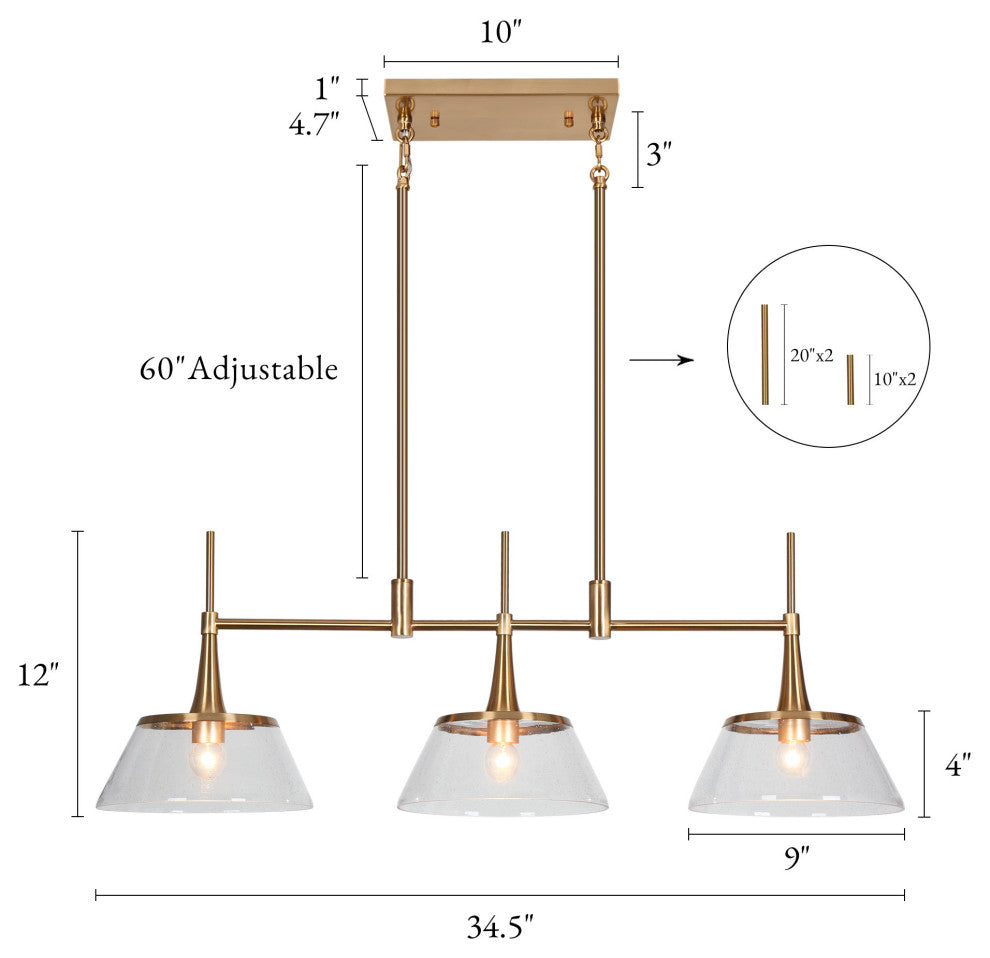 LNC 3-Light Polished Gold Modern Linear Kitchen Island Light, Seeded Glass