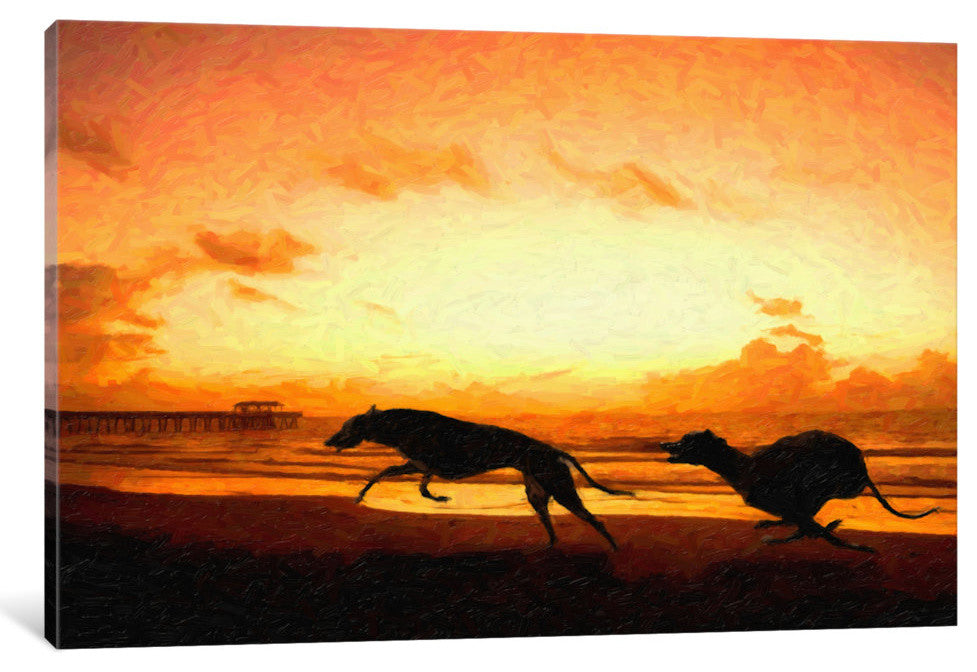 "Greyhounds On Beach At Sunset" Wrapped Canvas Print, 26x18x1.5