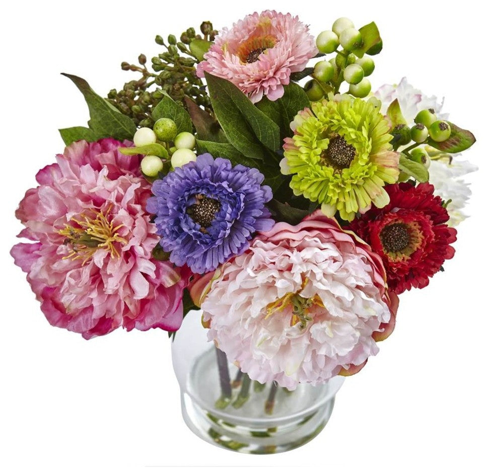 Peony And Mum In Glass Vase