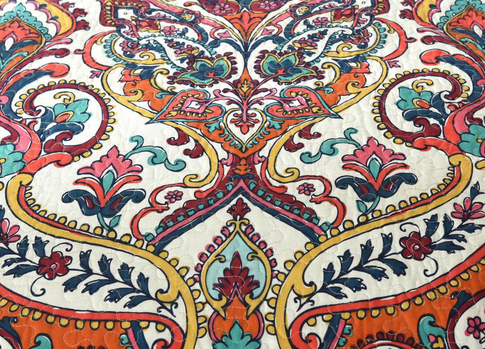 Bohemian Earthy Meadow Quilted Bedspread Set,  Floral Paisley, Twin