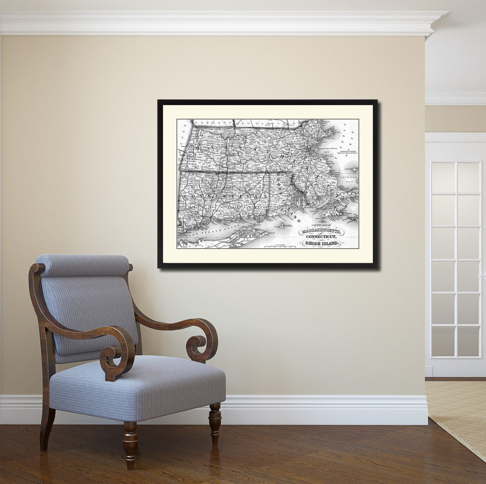 Massachusetts Connecticut Rhode Island Vintage B&W Map Canvas Print, 28"x37"
