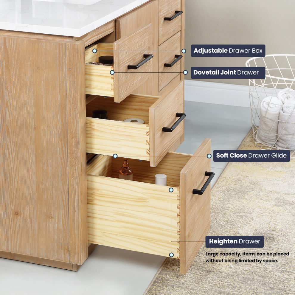 San Bath Vanity with Stone Top, Fir Wood Brown, 60" Single Sink, Single Vanity, With Mirror