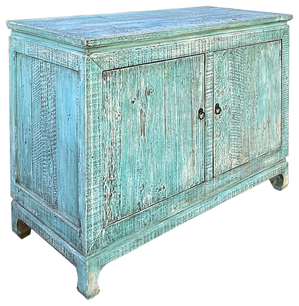 Distressed Turquoise Aqua Blue Rough 2 Doors Credenza Sideboard Console Hws4344