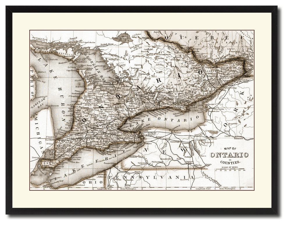 Ontario Canada Vintage Sepia Map Canvas Print, 28"x37"