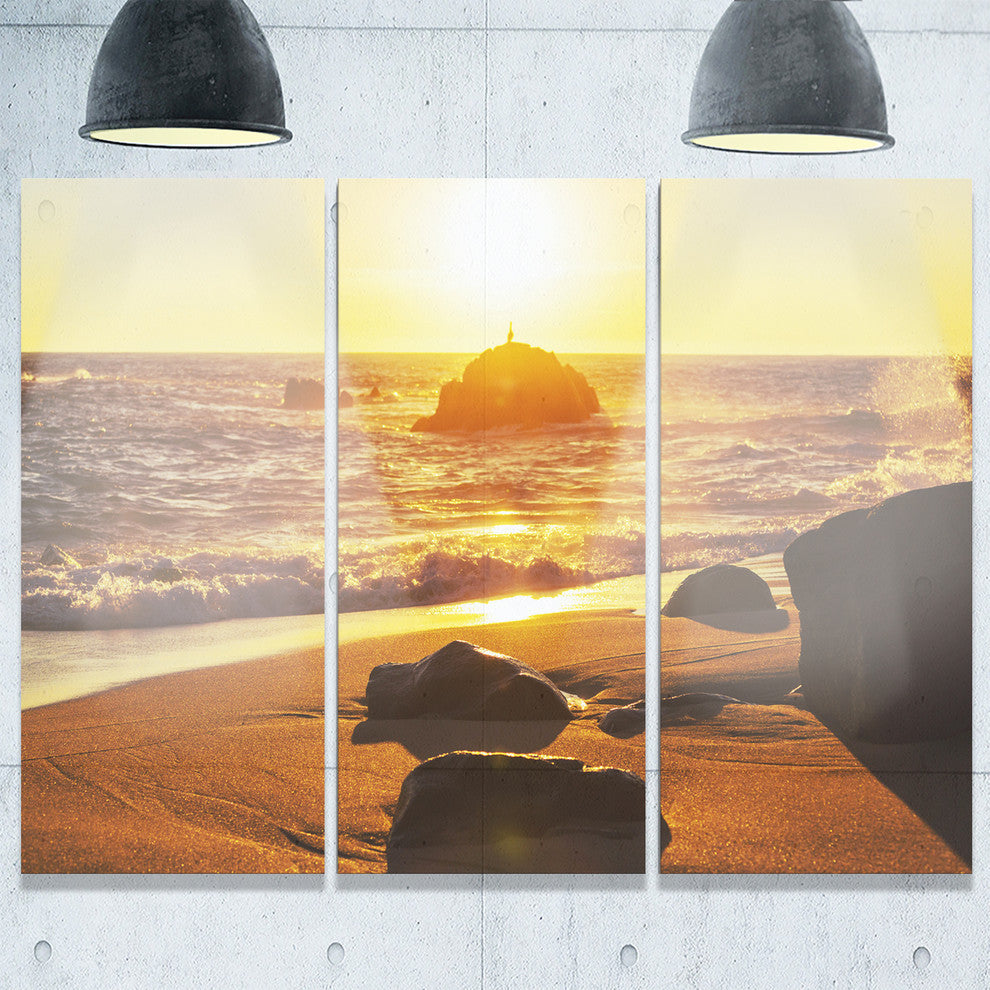 Glowing Waters of Seashore, Modern Beach Metal Wall Art, 36x28, 3 Panels