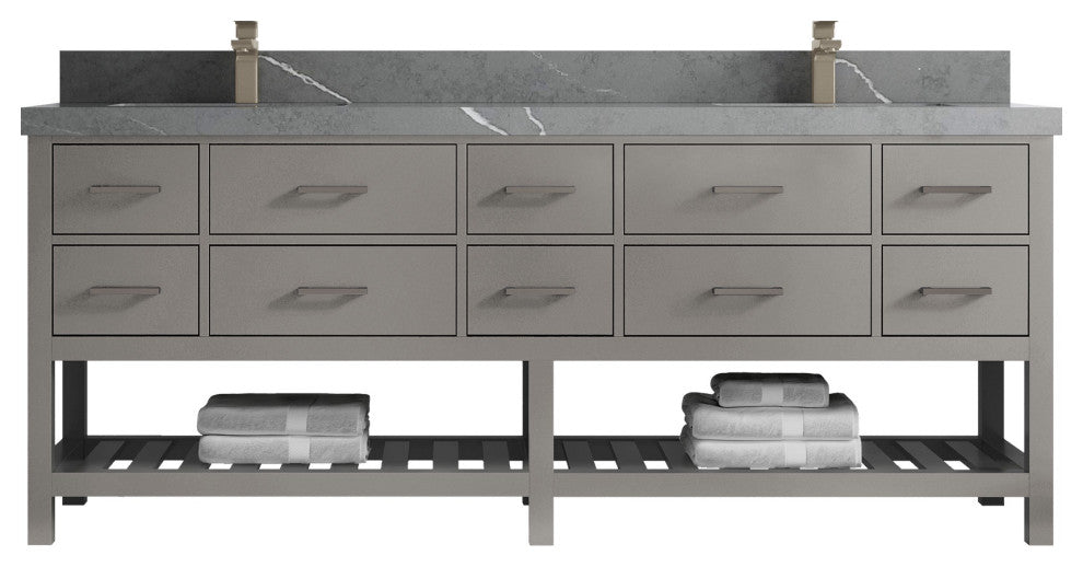 Parker 84 Double Sink Bathroom Vanity Elephant Skin Gray 2" Piatra Gray Quartz