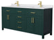 72"DBL Bathroom Vanity, Green, White Cult. Marble Countertop, Sinks, Gold Trim