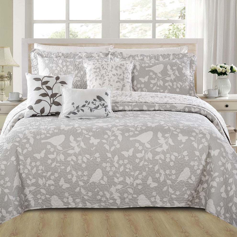 Birdsong 6-Piece Bed Spread Set, Gray, Queen, 90"x90"