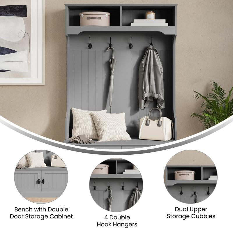 Fraser 40" Double Door Storage Bench, Coat Rack and 2 Upper Storage Cubbies, Gray