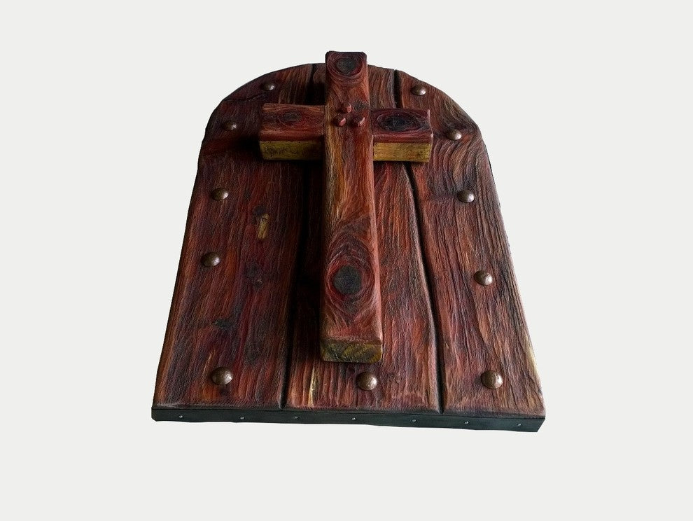 Hand Carved Cedar Cross on Cedar Background