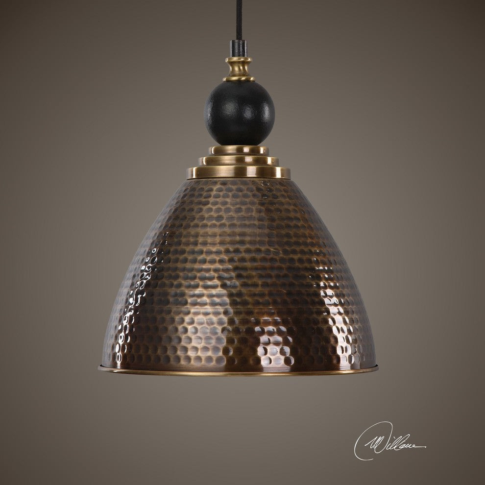 Hammered Brass Bronze Metal Pendant, 1-Light 12" Mini