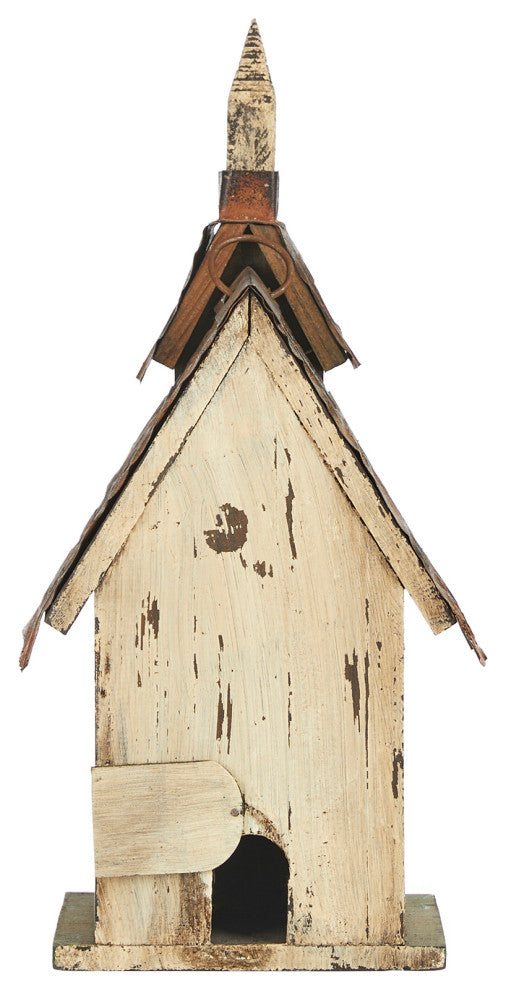 Rustic Garden Distressed Wooden Church Birdhouse, Cross