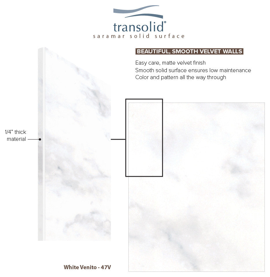 Transolid SaraMar 60"x36"x96" 3-Piece Shower Wall Kit, White Venito Velvet