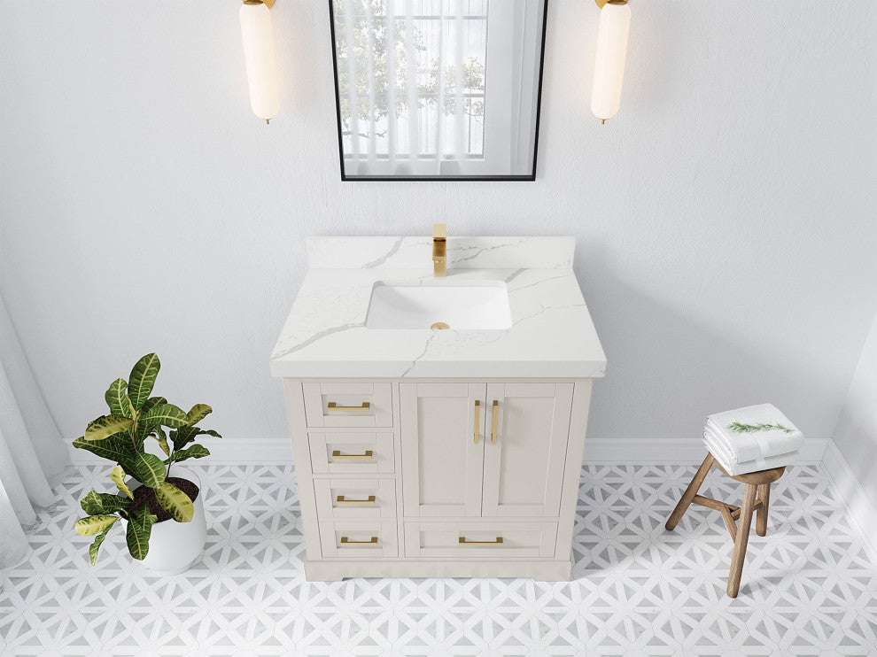 Boston 36" Center Sink Bath Vanity in Fine Grain 2" Calacatta Laza