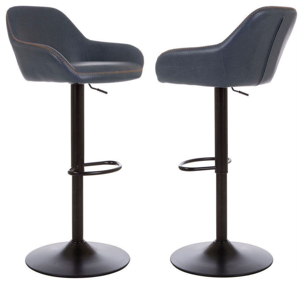 Vintage Navy Blue Leatherette Gaslift Adjustable Swivel Bar Stool, Set of 2