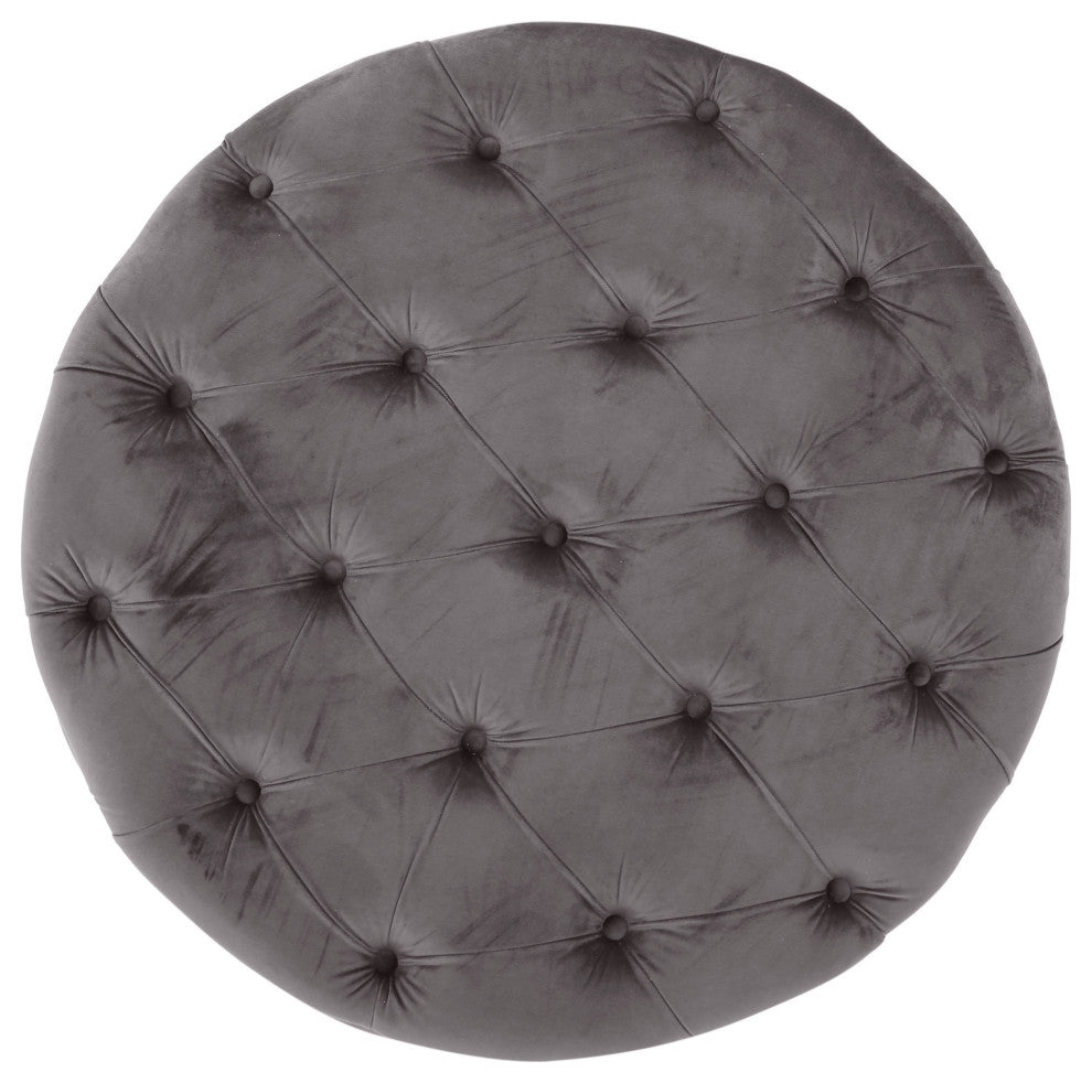 GDF Studio Maelyn Modern Glam Tufted Velvet Round Ottoman, Dark Gray