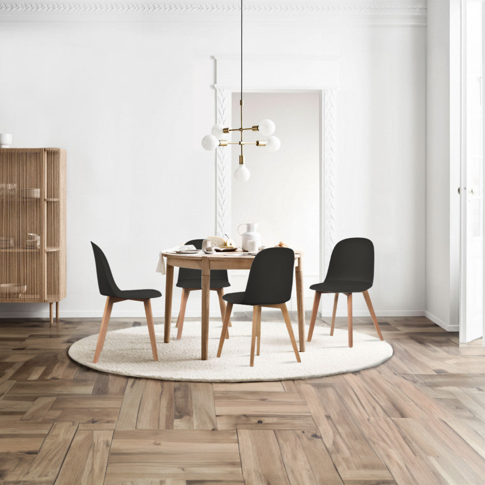 Set of 4 Modern Dining Side Chairs Molded Plastic With Round Back Wooden Legs, Black