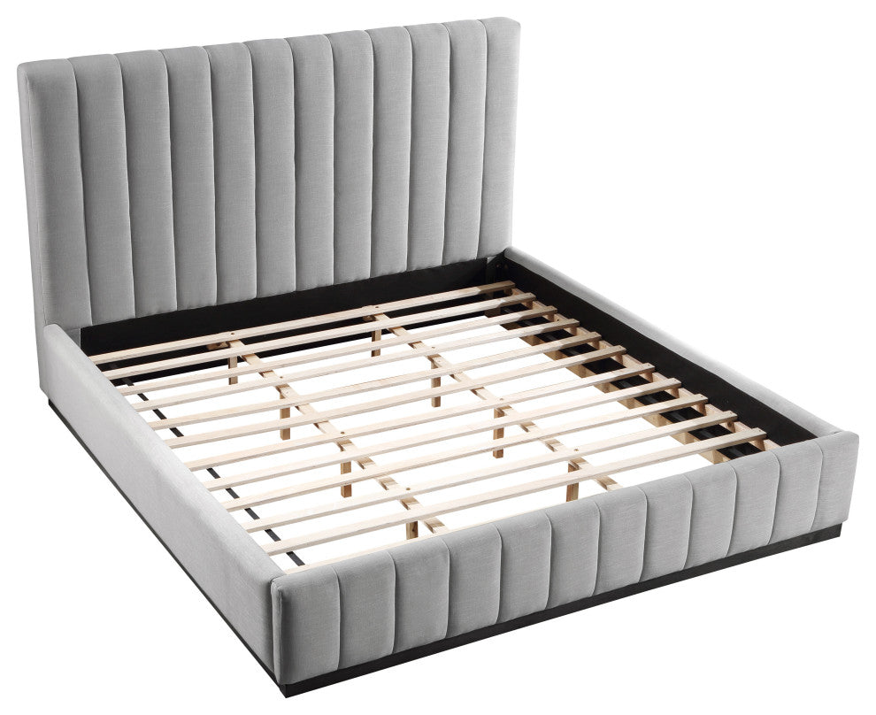 Lucia Beige Linen Textured Fabric Full Bed, Gray, King, Black Finish