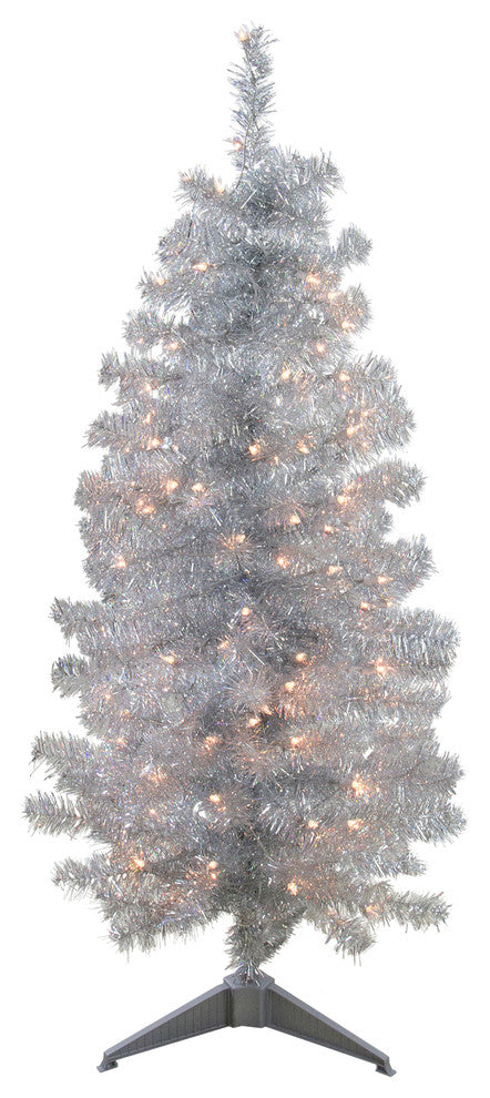 4' X, 24" Pre-Lit Slim Silver Artificial Tinsel Christmas Tree- Clear Lights