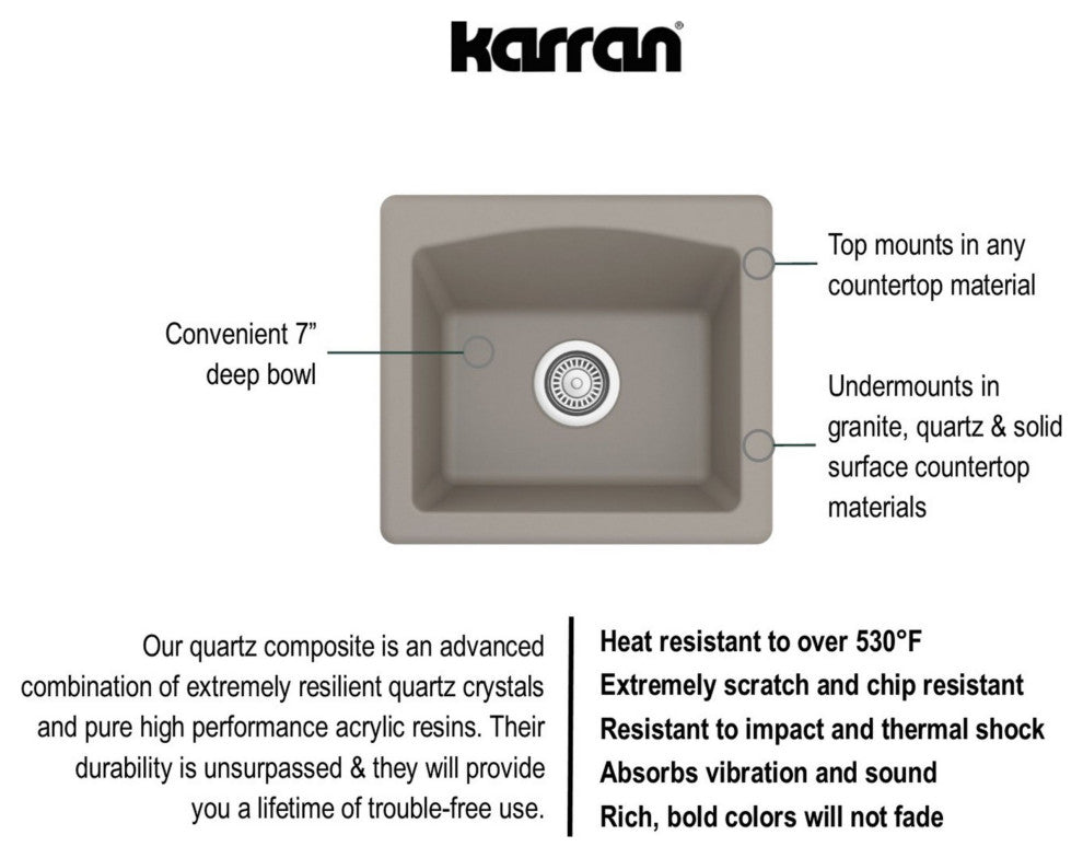Karran Drop-in or Undermount Quartz 18" Single Bowl Kitchen Sink, Concrete