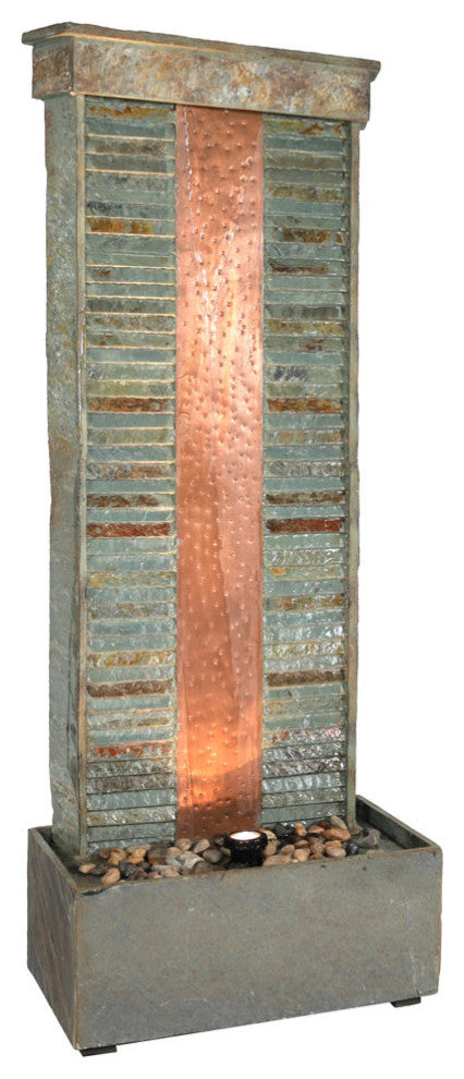 Sunnydaze Rippled Slate Indoor Fountain, Copper Finish and Spotlight, 48"
