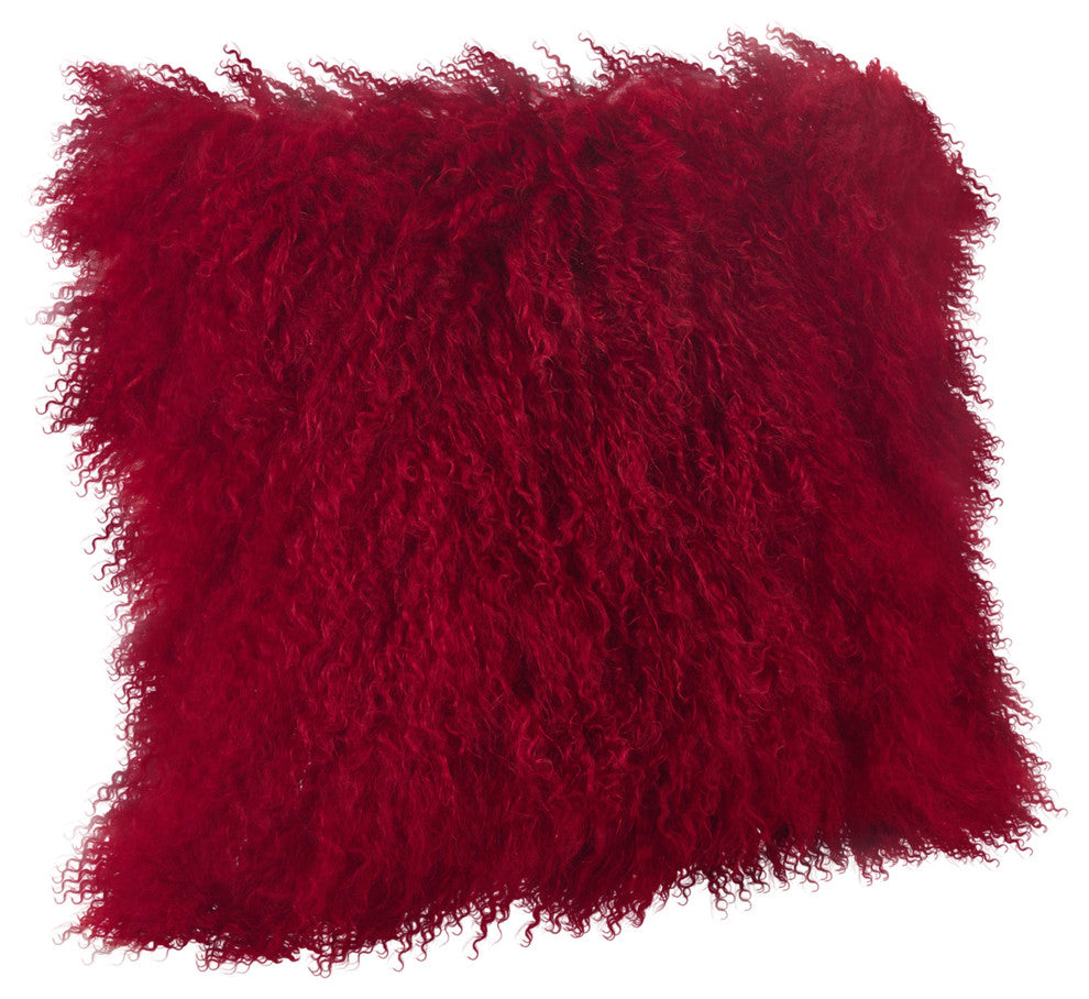 Mongolian Lamb Fur Poly Filled Throw Pillow, Red, 20"x20"