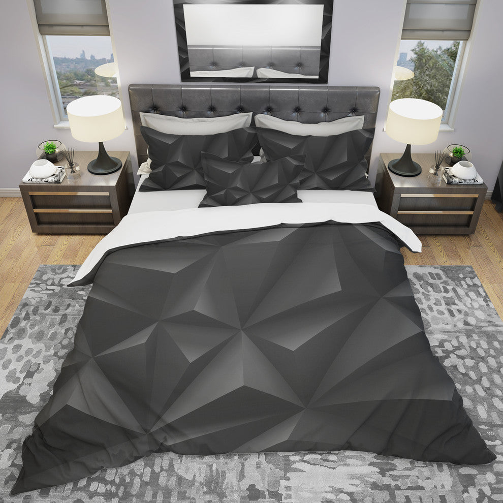 Deep Black Geometric Crumpled Modern Duvet Cover Set, King