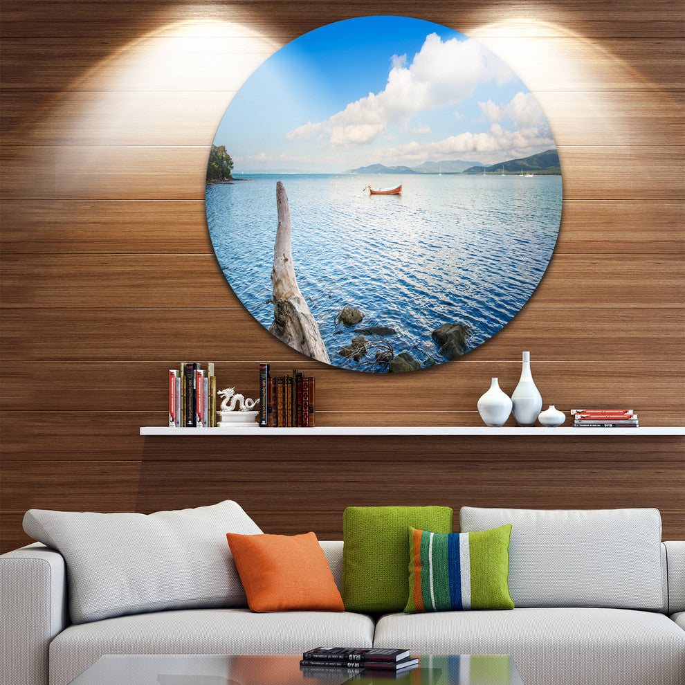 Small Wooden Boat And Tree Trunk, Seashore Round Metal Wall Art, 23"
