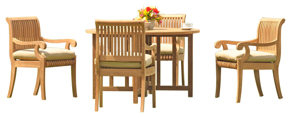 5-Piece Outdoor Patio Teak Dining Set, 48" Butterfly Table, 4 Arm Chairs