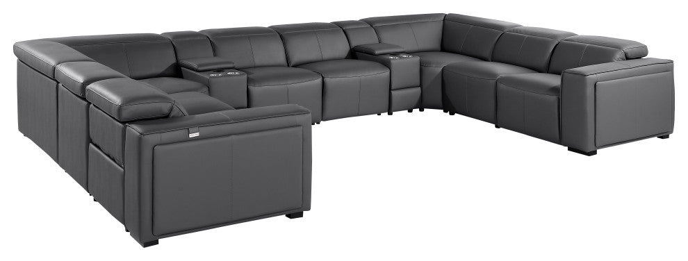 Niccolo Italian Leather 10-Piece U-Shaped 4 Power Reclining Sectional, Dark Gray