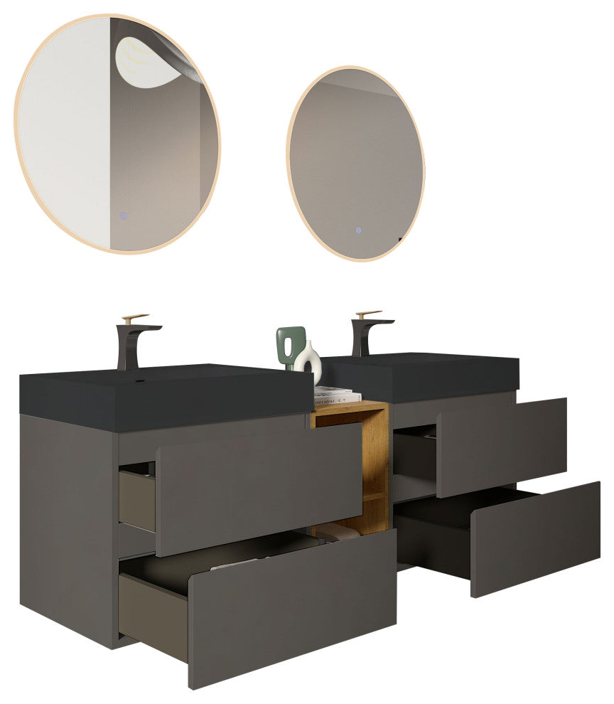 Wall-Mounted Bathroom Vanity with Double Sinks and Open Shelf, Light Gray, 60"