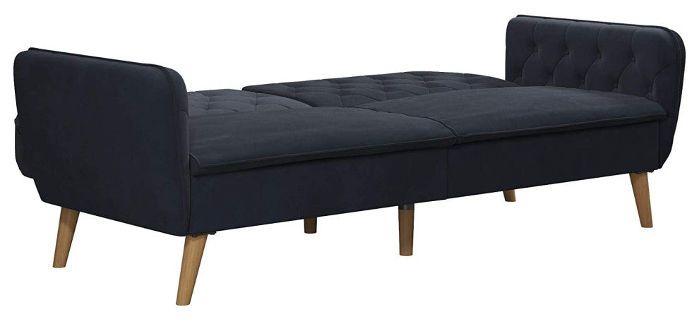 Blue Velvet Memory Foam Futon with Tapered Legs and Button Tufted Back, Blue