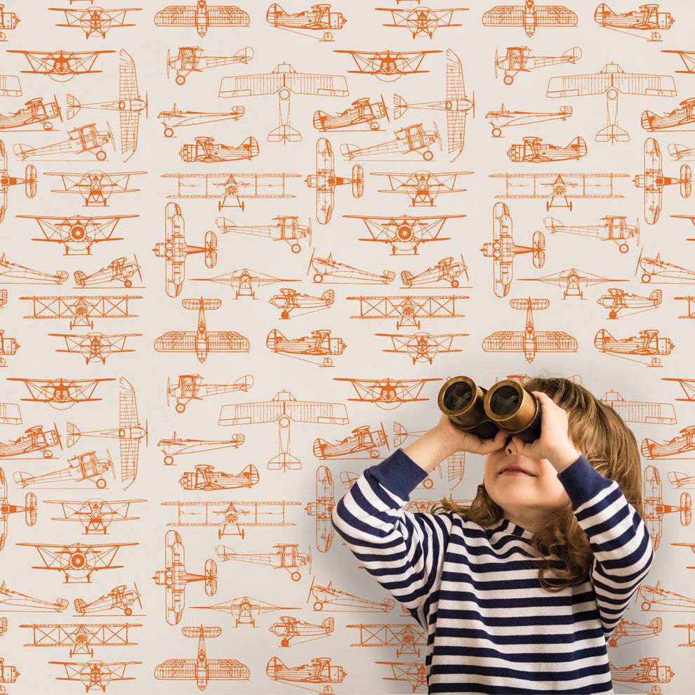 Airplanes Peel and Stick Vinyl Wallpaper, Orange Blossom, 24"w X 60"h